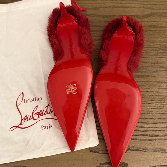 Christian Louboutin KM Faux Fur Satin Mule Pumps in Red - Picture 6 of 9